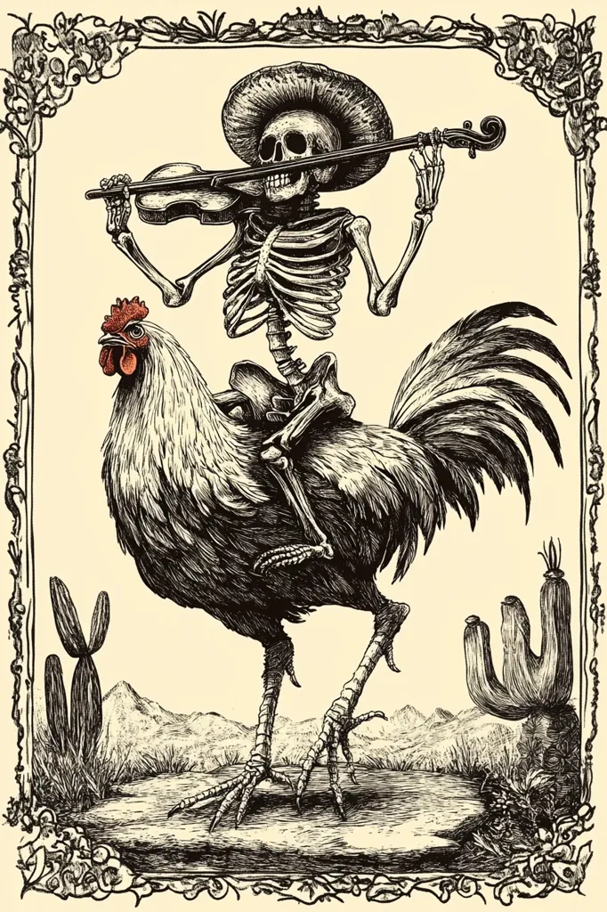 A black and white illustration of a skeleton riding a rooster and playing a violin. The skeleton is wearing a sombrero and the rooster is in a field with cacti. The image is framed in an ornate border.