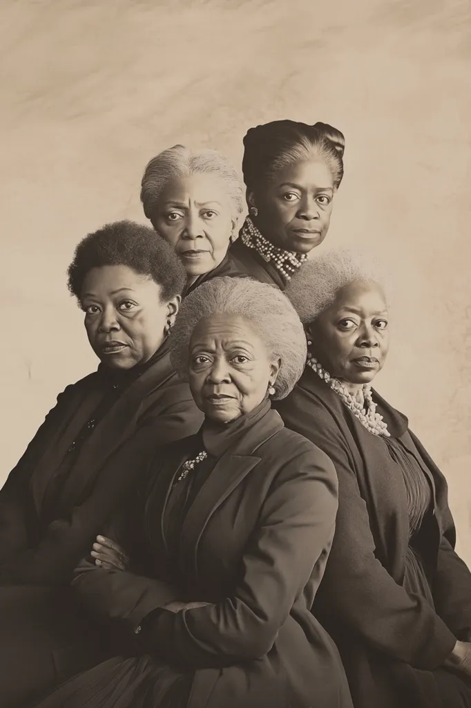 Four elderly Black women stand in a row, facing the camera. They are all dressed in dark clothing and have warm, serious expressions on their faces. The woman in the front is wearing a dark jacket, while the others are wearing dresses. The image is in black and white, giving it a vintage feel.