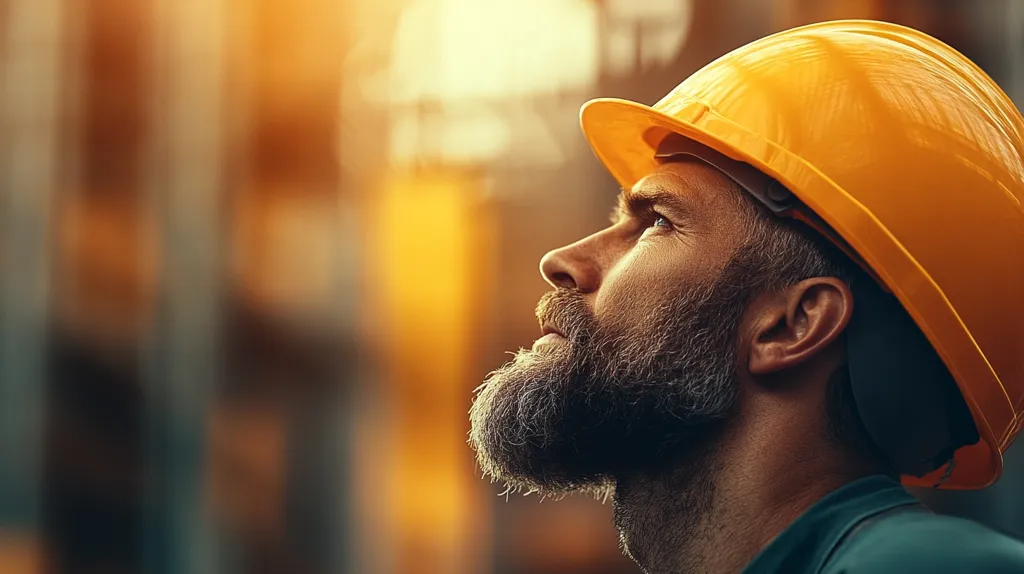 The image shows a construction worker wearing a yellow hard hat, looking up with a contemplative expression. He has a thick grey beard and his face is illuminated by the warm light of the setting sun. The background is out of focus, suggesting a construction site.  The image captures the hard work and dedication of construction workers.