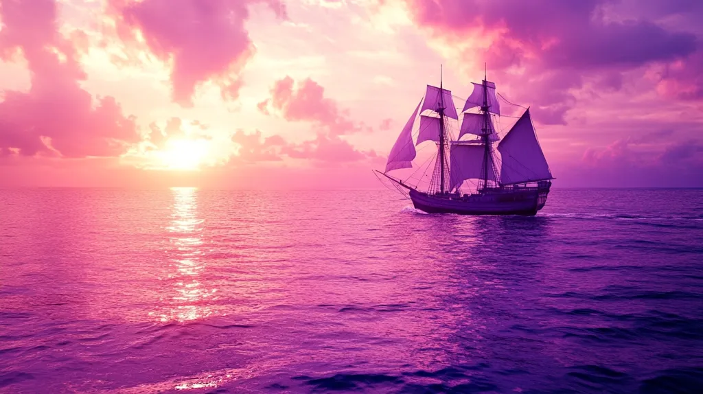 A tall ship with white sails cuts through the vibrant purple water of the ocean.  The setting sun, obscured by clouds, casts a warm glow on the horizon.  The sky is a beautiful mix of pink, purple, and orange, creating a serene and magical atmosphere.