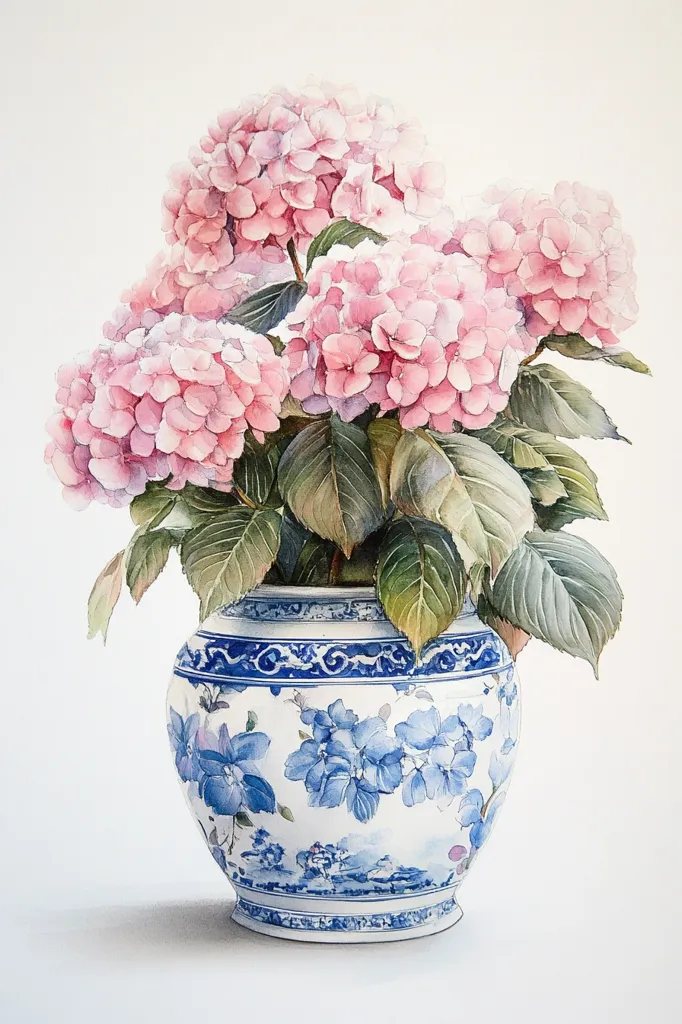 A watercolor painting depicts a bouquet of pale pink hydrangeas in a blue and white porcelain vase. The flowers are arranged with their stems reaching up towards the top of the vase, while their petals are delicately painted in a soft, pastel color. The vase is decorated with a traditional Chinese design, featuring blue floral motifs on a white background. The painting is executed in a realistic style, with careful attention to detail and a soft, ethereal feel.