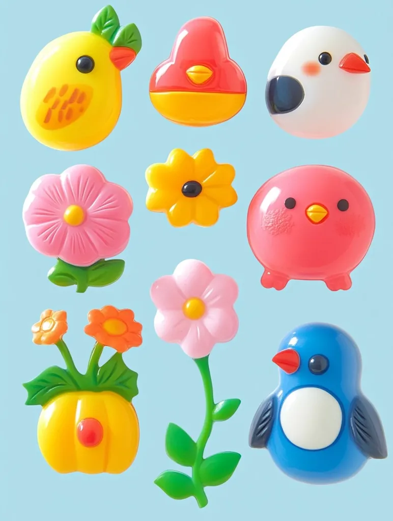 The image shows a collection of colorful, cartoon-like plastic toys.  There are three birds, a yellow chick, a red robin, and a white bird.  There are also four flowers, two pink, one yellow, and one orange.  Finally, a blue penguin completes the collection. The toys are brightly colored and appear to be made of a smooth, plastic material. They are arranged on a light blue background.  They would be perfect for a young child to play with.
