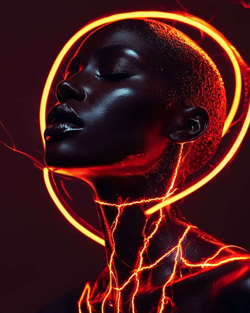 The image features a close-up of a person's face and neck, illuminated by glowing orange lines. The subject's eyes are closed, and their skin appears dark and wet. A glowing orange ring surrounds their head, adding a sense of otherworldly mystique. The overall composition suggests a futuristic or fantastical theme, with a focus on the interplay of light and shadow.