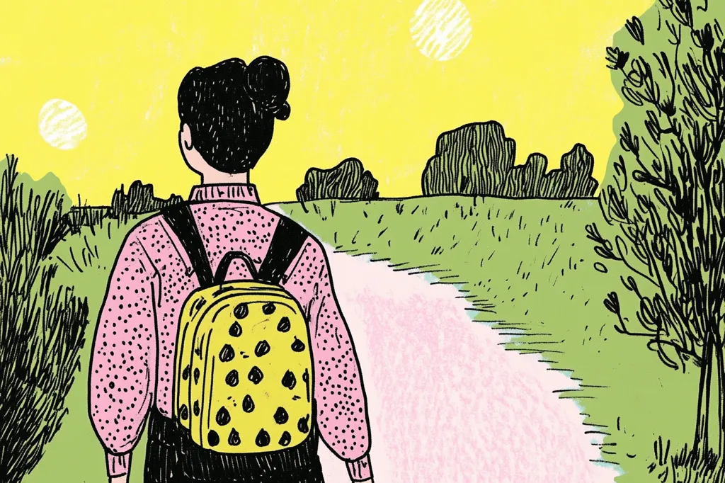 A person with short black hair, wearing a pink sweater and a yellow polka-dotted backpack, walks along a dirt path in a green field. The sun shines brightly in the yellow sky, and there are trees in the distance. The person is walking away from the viewer, and their face is not visible.