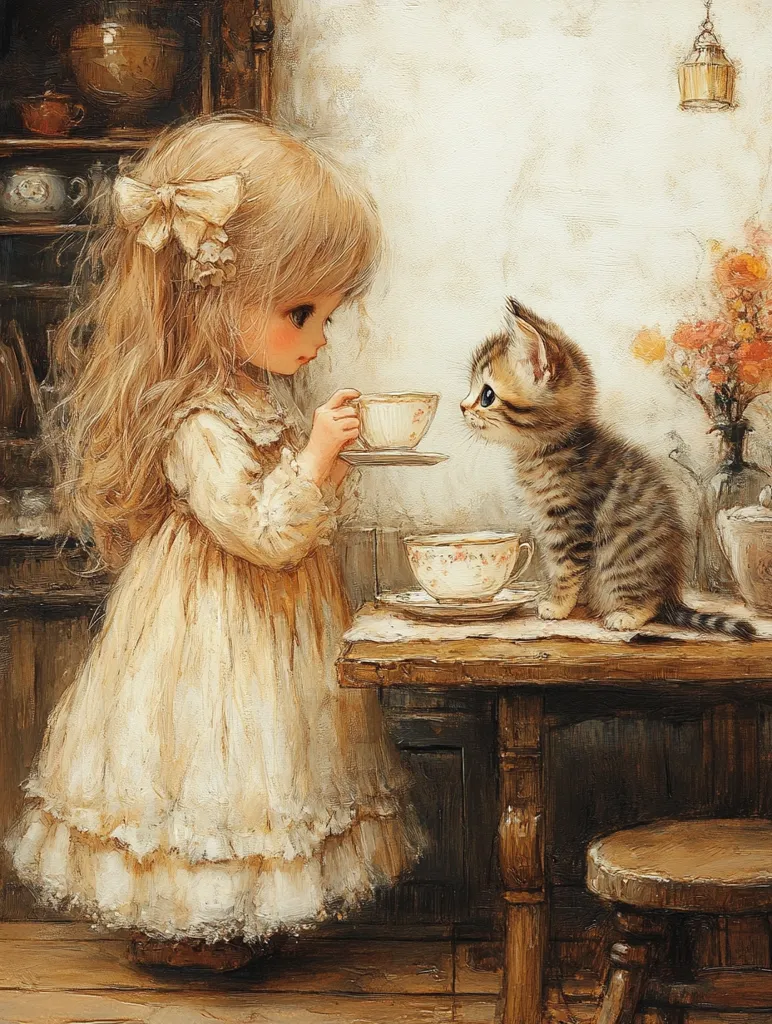 A young girl in a white dress with a large bow in her hair, sits at a table with a kitten. The girl is holding a teacup, while the kitten looks at it with curiosity.  The scene is painted in a soft, whimsical style, with warm tones and delicate details.  The table is rustic, with a wooden stool nearby.  A vase of flowers sits in the background.