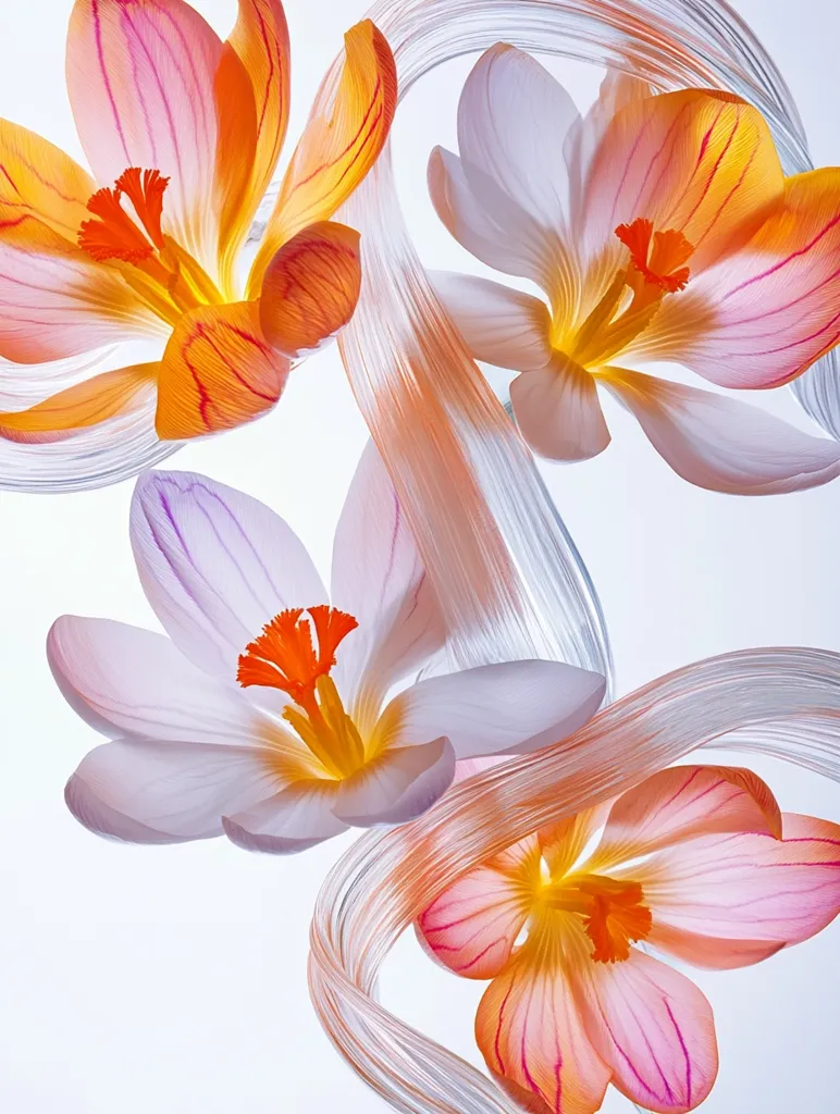 Four crocus flowers with delicate petals are arranged in a swirling, abstract composition. The flowers are in various shades of pink, orange, and yellow, with a contrasting white background. Their delicate texture and soft colors create a sense of ethereal beauty.