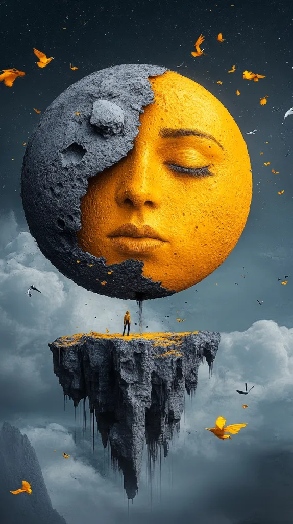 The image depicts a surreal landscape with a giant, yellow moon-like sphere with a human face, eyes closed, suspended above a floating rock. A single figure stands on the rock, gazing up at the celestial face. The sky is filled with small, yellow birds, creating a sense of wonder and mystery. The overall tone is dreamlike and enigmatic.