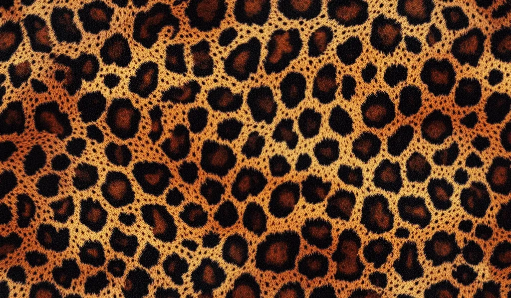 The image is a close-up of a leopard's fur, showcasing the iconic black spots on a tawny-brown background. The fur has a slight sheen and appears soft and textured. The intricate pattern of the spots is visible throughout the image, creating a visually appealing and captivating design. The image evokes a sense of wildness and exoticism.