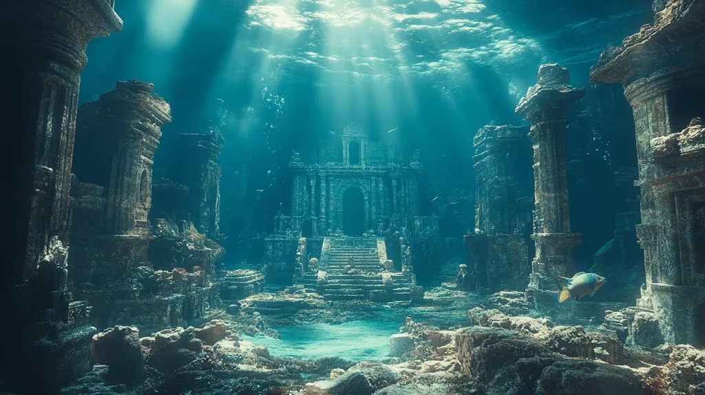 A magnificent, submerged city lies beneath the ocean's surface. Sunlight streams through the water, illuminating the crumbling stone pillars and archways of an ancient temple. The intricate details of the architecture, once grand and imposing, are now covered in seaweed and coral, a testament to the passage of time. A lone fish swims through the ethereal blue, a reminder of the life that continues to thrive in this underwater realm.