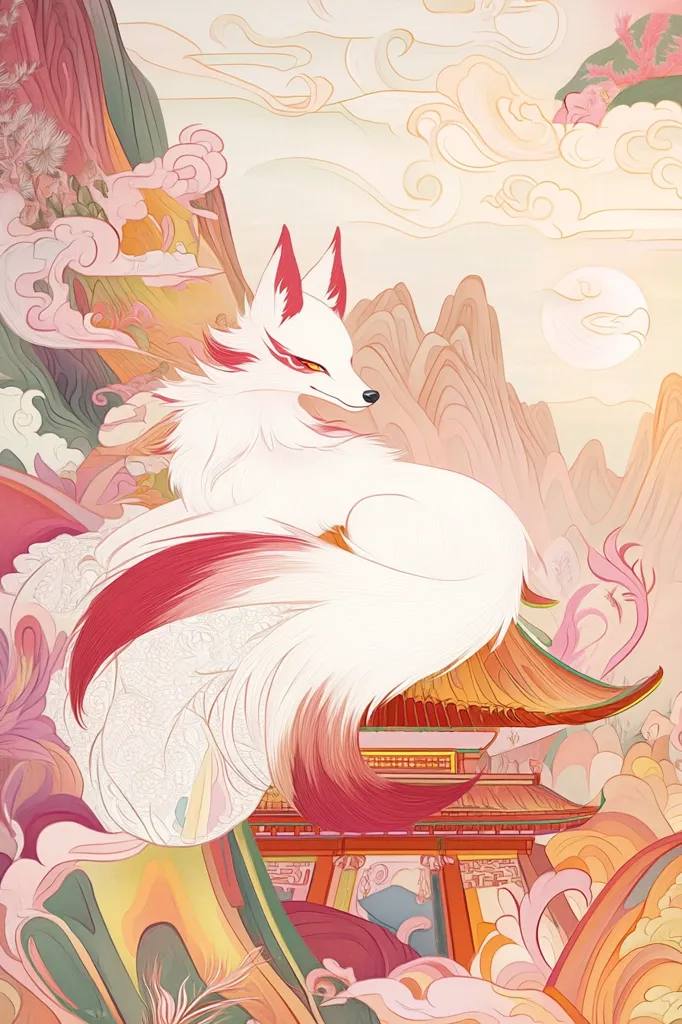 A white fox with red markings sits on a roof of a temple in a colorful, whimsical world. The fox has a long, flowing tail and is surrounded by clouds and mountains. The image is rendered in a soft, pastel palette with delicate lines and intricate details. The fox's gaze is focused, its expression hinting at wisdom and power. The overall scene evokes a sense of otherworldliness and wonder.