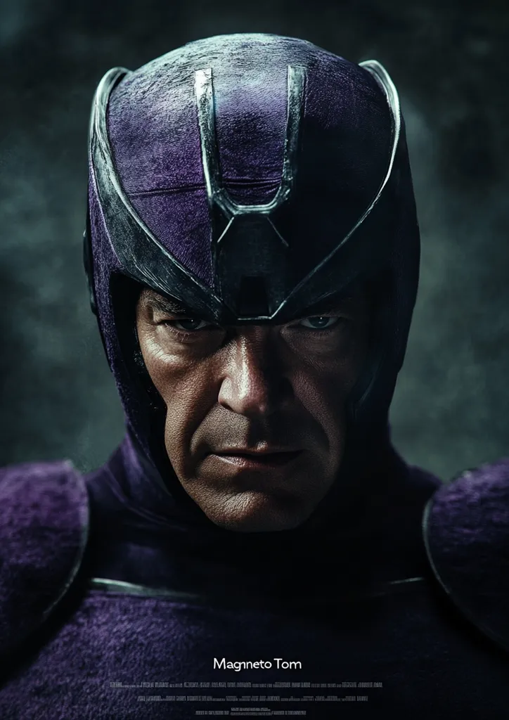 The image shows a close-up portrait of a man in a purple and black helmet, his face partially visible. His eyes are dark and intense, his expression serious. The background is blurred and dark, highlighting the man's features and creating a sense of mystery. The title "Magneto Tom" suggests this is a character from a fictional universe, perhaps a superhero or villain.