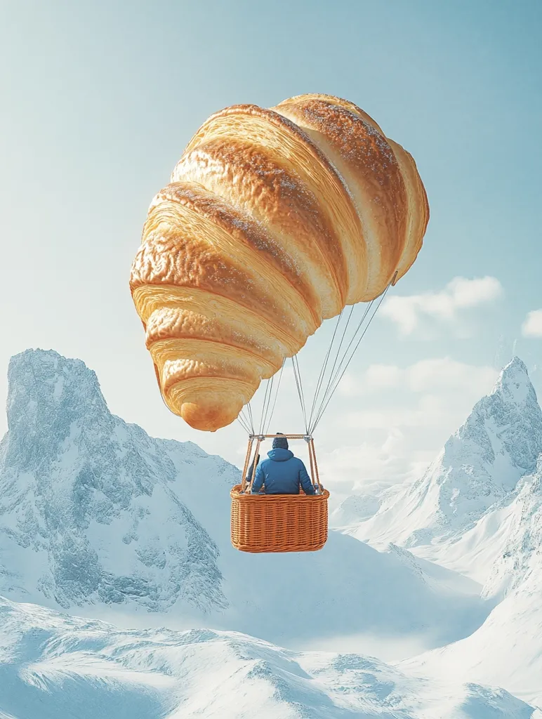 A large croissant acts as a hot air balloon, carrying a lone figure in a wicker basket over a snowy mountain range. The croissant is detailed and realistic, with a golden brown hue and a flaky texture. The mountains are pristine and white, with a hazy blue sky overhead. The scene is whimsical and surreal, creating a playful contrast between the everyday and the extraordinary.