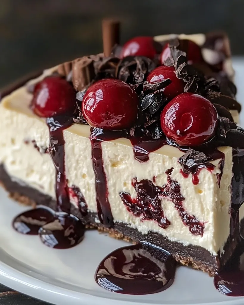 A slice of cheesecake sits on a white plate, adorned with a generous layer of dark chocolate shavings, juicy red cherries, and a decadent chocolate sauce drizzled over the top. The cheesecake itself is creamy and light, with a hint of graham cracker crust peeking out from the bottom. The overall appearance is rich and inviting, promising a sweet and satisfying treat.