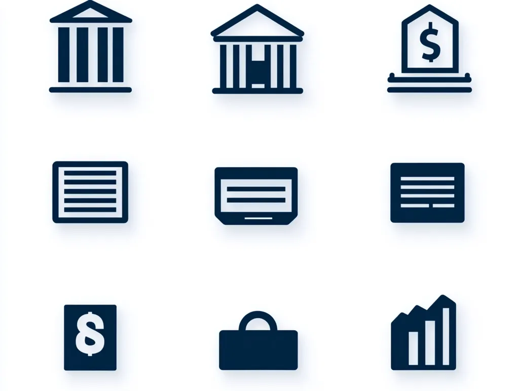 The image shows nine icons related to finance and banking. They include a bank building, a dollar sign, a document, a laptop, a briefcase, a bar graph, and two variations of a document icon. The icons are all in a dark blue color and are arranged in a three by three grid. They are set against a white background.  They represent common financial concepts and could be used in a variety of contexts.