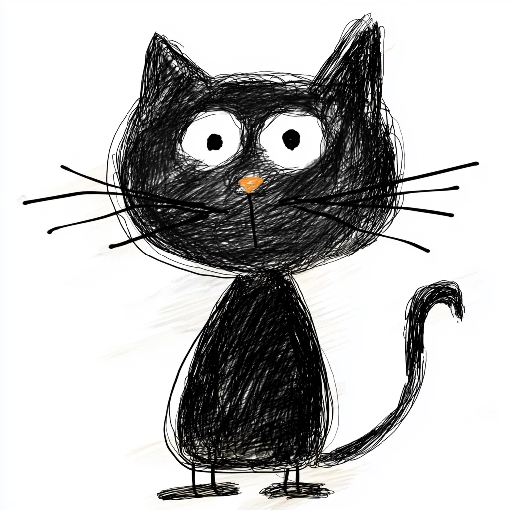 The image is a simple, hand-drawn illustration of a black cat. The cat has large, round eyes, a small orange nose, and a long, curled tail. The cat is drawn with thick, black lines and appears to be standing on a white background. The drawing has a playful and whimsical style.  The cat is slightly tilted and looking up and to the left.  The cat is drawn with a simple style, using mostly black lines.