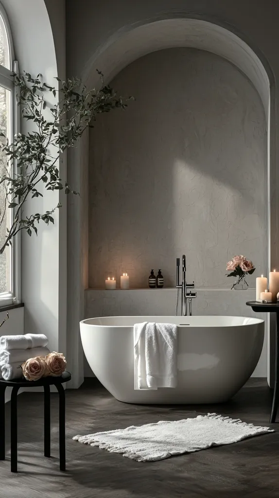 A white bathtub sits under an arched opening in a minimalist bathroom.  A single white towel drapes over the tub's edge.  The room is lit by soft candlelight, with a few burning on a shelf next to the tub.  A small black stool holds a stack of white towels and a bouquet of pink roses.  The floor is dark wood and a white rug lies in front of the tub.  A plant sits in a corner, adding a touch of greenery.