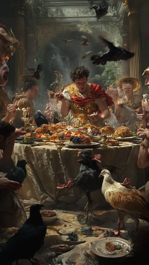A lavish feast is being held in a grand hall. A man in a golden tunic and red cloak presides over the table, surrounded by guests. The table is laden with food and drink, including roasted meats, bread, and fruits. Birds and other creatures roam the scene, adding to the chaotic and opulent atmosphere. The overall impression is one of abundance and celebration.