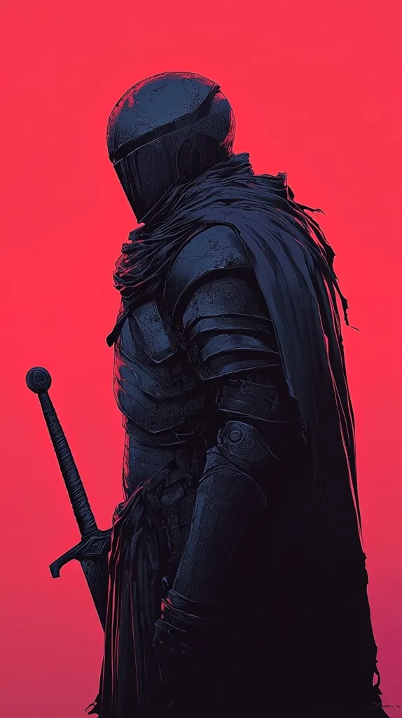 A knight in full armor stands against a crimson backdrop. His face is obscured by a helmet and a dark cloak, leaving only his imposing silhouette visible. The knight's left hand rests on the hilt of a sword, creating a sense of vigilance and readiness. The image evokes a feeling of mystery and power, with the knight's identity and purpose shrouded in darkness.