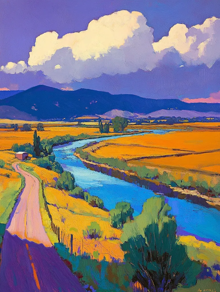 A winding road leads the viewer's eye through a vibrant landscape painted in bold strokes. A blue river meanders through the golden fields, framed by lush green trees. A large white cloud floats serenely in a sky of purple and blue, adding a touch of drama to the idyllic scene. The mountains in the distance, outlined in deep blue, create a sense of depth and perspective.  The painting is a celebration of color and form, capturing the beauty of the natural world.