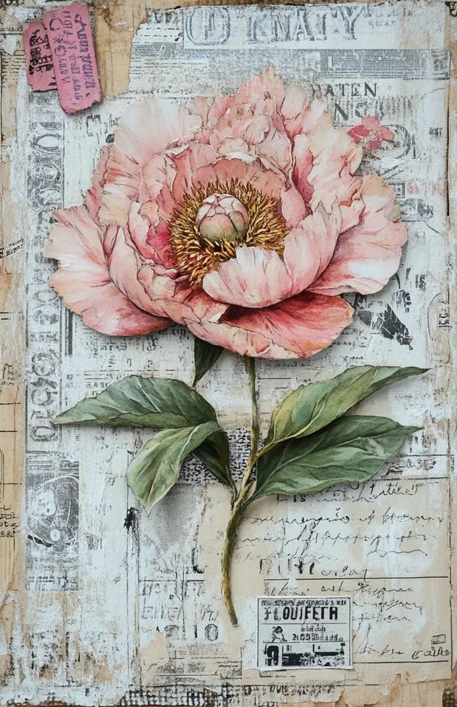 A delicate pink peony with a yellow center blooms against a backdrop of old, worn paper. The flower is rendered in a watercolor style, while the background is textured and layered with faded writing and markings, suggesting a vintage aesthetic. The image captures a sense of beauty and nostalgia, with the flower symbolizing fragility and the paper evoking a sense of history.