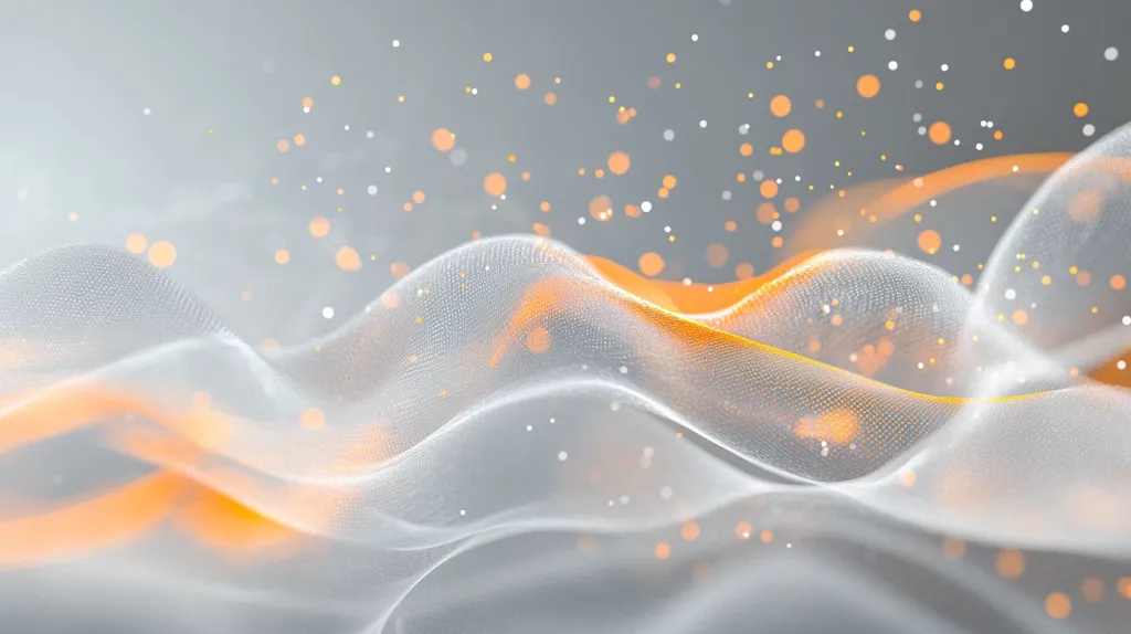 The image depicts a white, translucent, flowing fabric with a hint of orange. The fabric is adorned with soft, white and orange bokeh lights. The background is a muted grey, creating a sense of depth and dimension. The image evokes a feeling of serenity and ethereal beauty.
