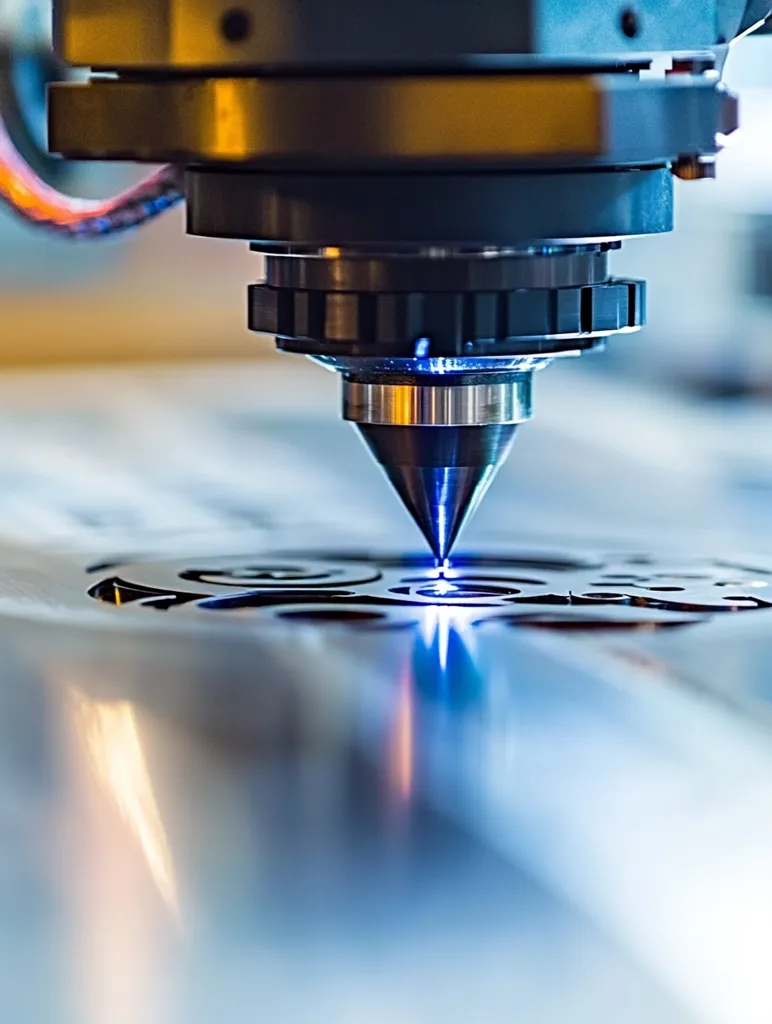 A close-up of a precision tool, likely a laser cutter, positioned over a metallic surface. The tool's tip is emitting a bright blue light, indicating its activation. The reflection of the light creates a captivating visual effect on the surface, highlighting the precise nature of the process. The intricate design on the metallic surface suggests the creation of a complex and detailed product. The image captures the essence of precision engineering and technological advancement.