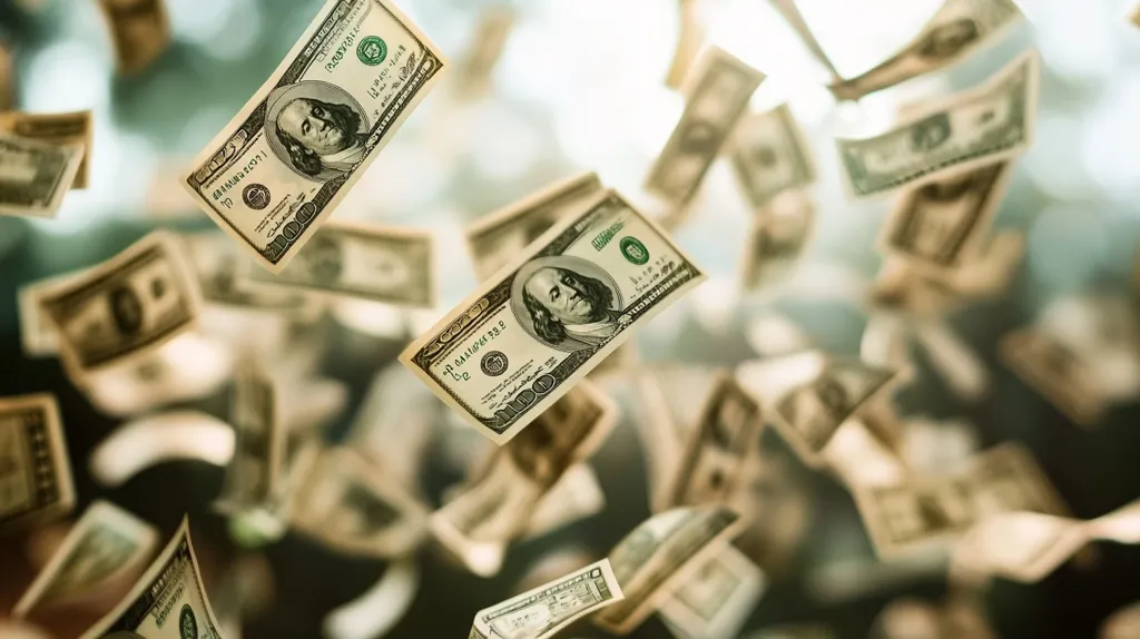 The image shows a flurry of US dollar bills falling through the air. Some bills are in focus, while others are blurred. The bills are predominantly $100 bills, featuring Benjamin Franklin's portrait. The image evokes a sense of abundance and financial prosperity.  The background is out of focus, suggesting a sense of movement and excitement.