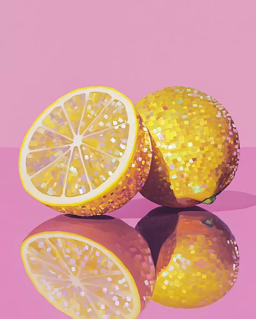 Two lemons, one cut in half, sit on a pink surface. The lemons have a shimmering, iridescent texture, as if they are covered in glitter. Their reflections are visible beneath them, adding to the vibrant and playful image.  The composition is simple yet eye-catching, showcasing the lemons in a unique and artistic way.