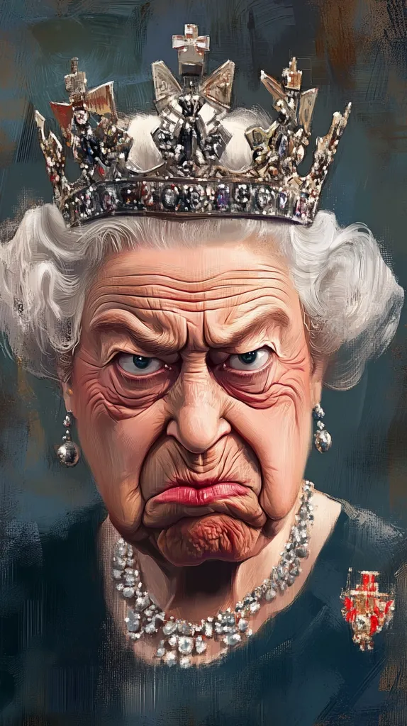 The image is a caricature of Queen Elizabeth II. She is wearing a crown, a necklace, and a brooch. She has a stern expression on her face, with her eyebrows furrowed and her mouth pursed. The overall tone of the image is humorous and exaggerated.