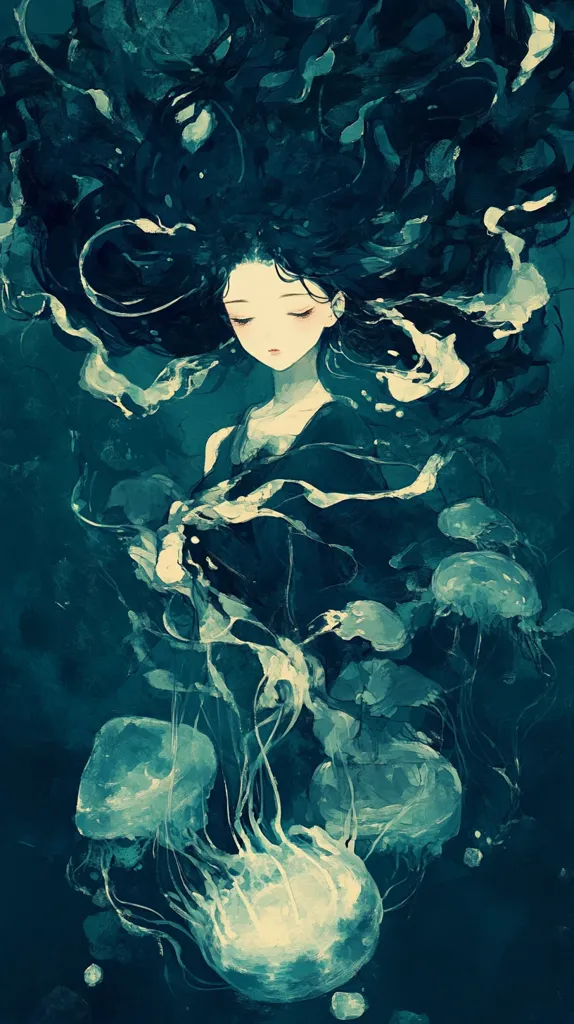 The image is a watercolor painting depicting a young woman with long, flowing dark hair submerged in water. She is surrounded by jellyfish, their translucent bodies glowing faintly in the blue-green depths. The overall tone of the image is dreamy and ethereal, evoking a sense of mystery and tranquility.