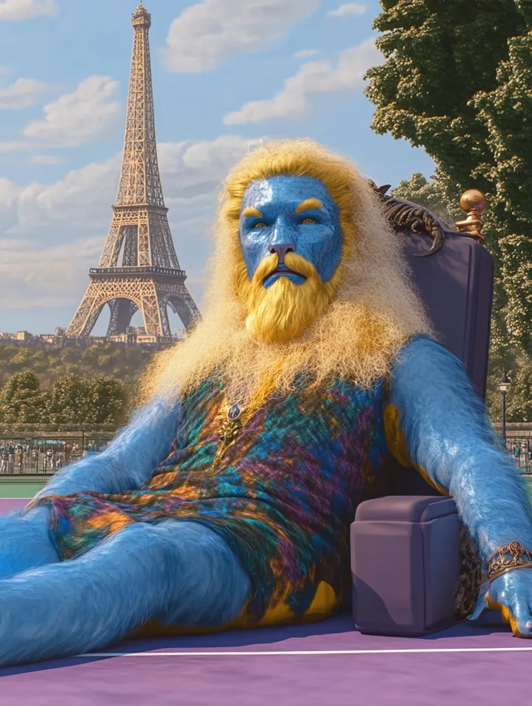 A blue, furry creature with a long, yellow beard and blue skin sits on a purple chair. They wear a colorful, tie-dye shirt and have a serious expression on their face.  The Eiffel Tower is in the background, with trees and a tennis court visible. The creature's long arms and legs extend out of the chair. The overall image is whimsical and surreal.