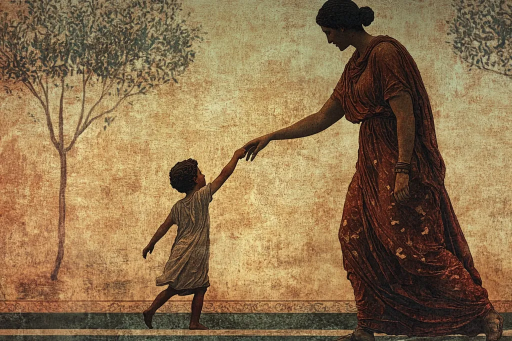 A woman in a long, flowing red robe reaches out her hand to a young child in a white dress, who reaches back towards her. The image is set against a backdrop of a textured, sepia-toned wall and a silhouetted tree. The scene evokes a sense of nurturing, guidance, and hope.