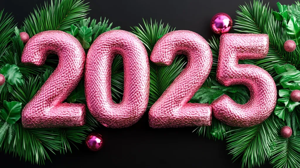 The image shows the year 2025 in large, pink, textured numerals, with an embossed, leather-like pattern. The numbers are surrounded by lush green palm fronds and small pink baubles, creating a festive, holiday-themed design. The backdrop is a deep black, highlighting the vibrant colors of the numerals and greenery. The overall effect is celebratory and joyous.