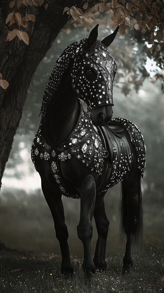 A black horse, adorned in a lavish, jewel-encrusted harness, stands in a shadowy woodland setting. Its sleek coat and intricate embellishments create a striking contrast against the muted background. The horse's posture exudes an air of regal elegance, hinting at a tale of power and mystery.