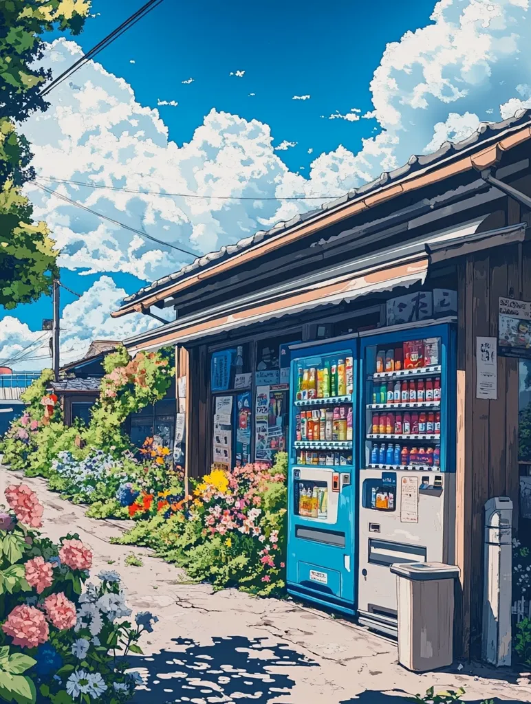 A narrow, cobblestone street lined with vibrant flowers leads to a small Japanese shop. The shop has a blue and white vending machine, and the building has a traditional wooden roof. Above, a bright blue sky dotted with fluffy white clouds creates a beautiful summer scene.