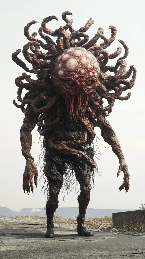 A grotesque, humanoid creature with a bulbous head and multiple tentacles, stands on a desolate road. Its flesh is a sickly red, and its eyes are unsettlingly yellow. The creature's limbs are long and spindly, and its hands end in sharp claws. The background is a hazy, barren landscape.  The overall image conveys a sense of fear and unease.