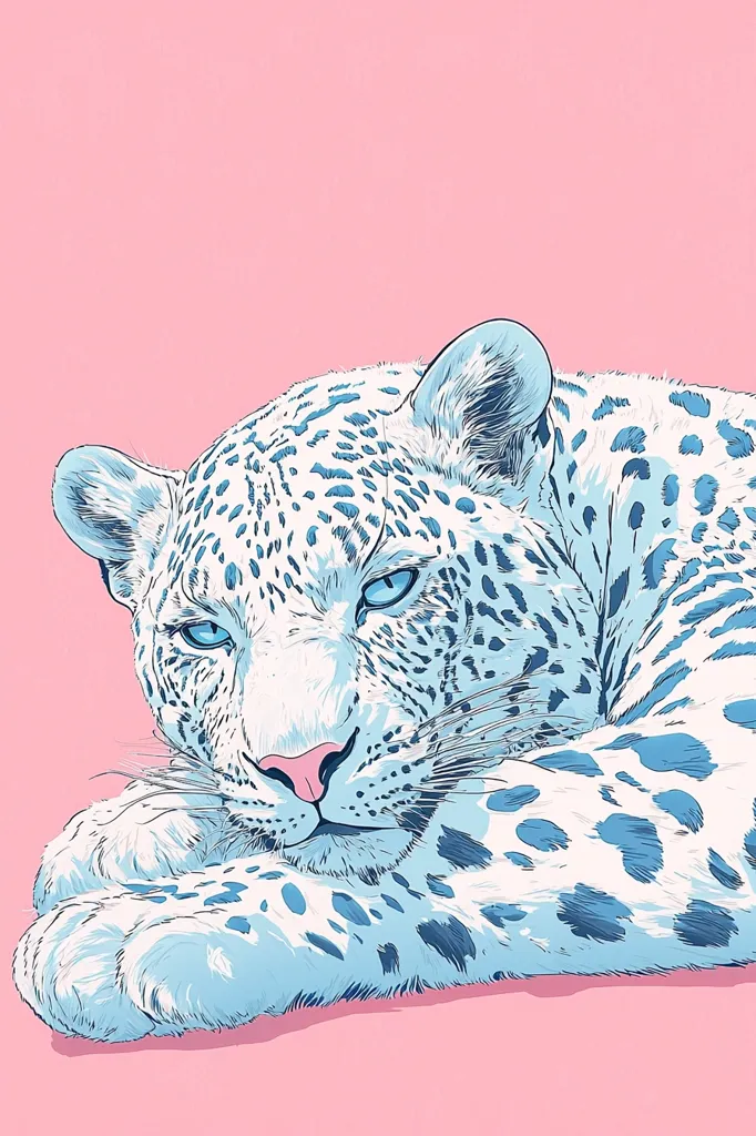 A white leopard with blue spots lies on a pink background. Its head is raised slightly, with one eye closed and the other looking directly at the viewer. The leopard's fur is detailed with light and dark shades of blue, creating a sense of depth and texture. The pink background contrasts with the cool tones of the leopard, creating a visually striking image. The overall effect is one of serene power and elegance.