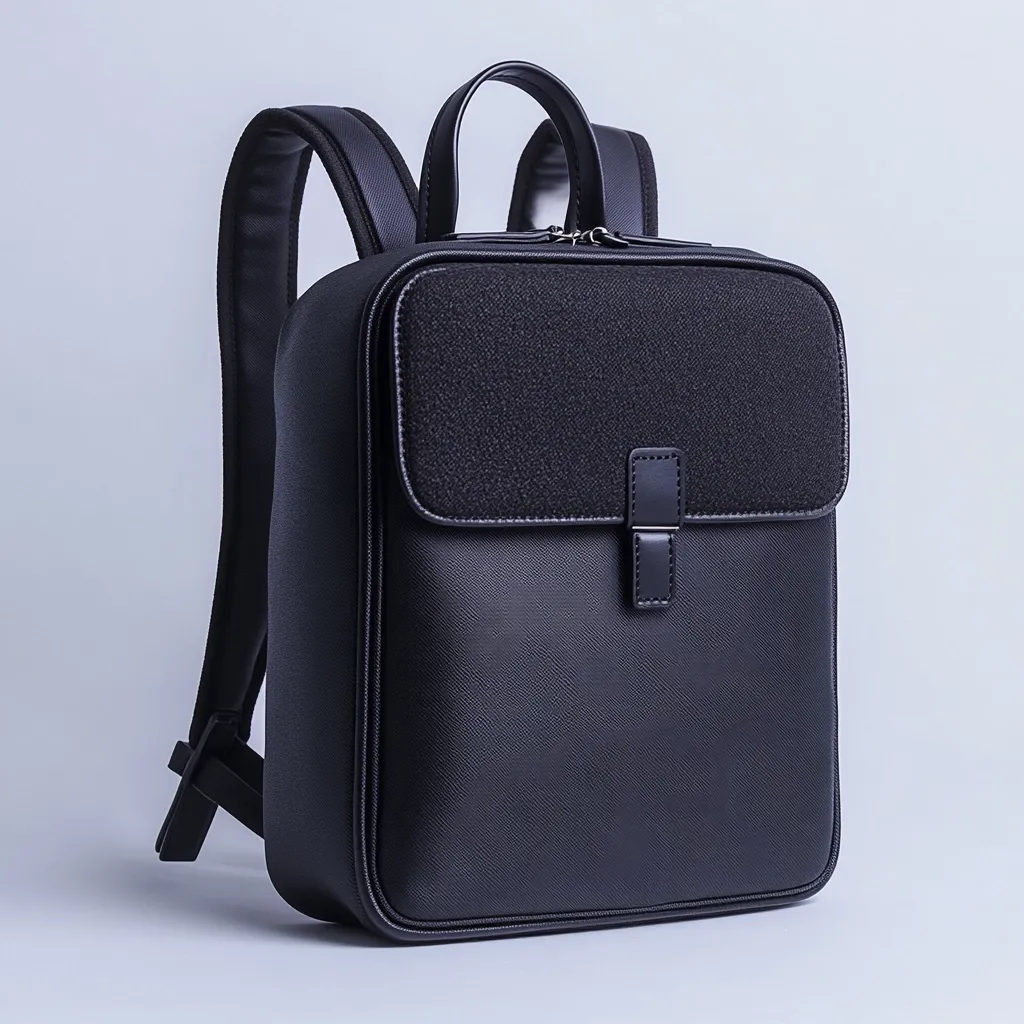 The image shows a black leather backpack with a square shape and a flap closure. The bag has a textured finish and a small, black, leather strap with a buckle. The backpack has two adjustable straps and a handle on the top. It is sitting on a plain white background.  The simple design of the backpack suggests it is a functional and stylish accessory for everyday use.
