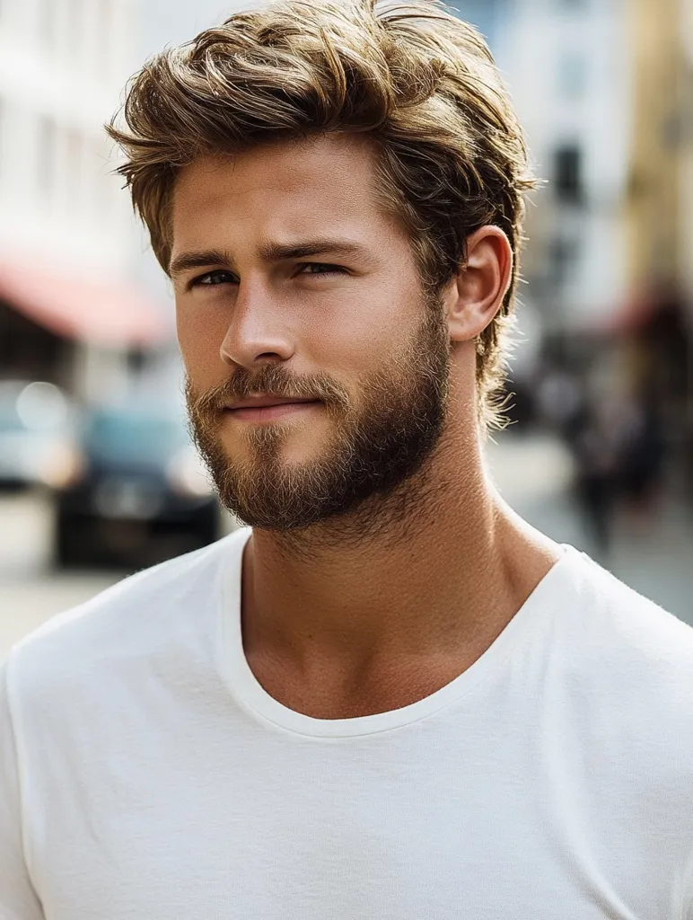 A young man with short, tousled brown hair and a neatly trimmed beard is wearing a plain white t-shirt. He is looking directly at the camera with a serious expression. The background is out of focus, suggesting an urban setting. The image focuses on the man's face and features.