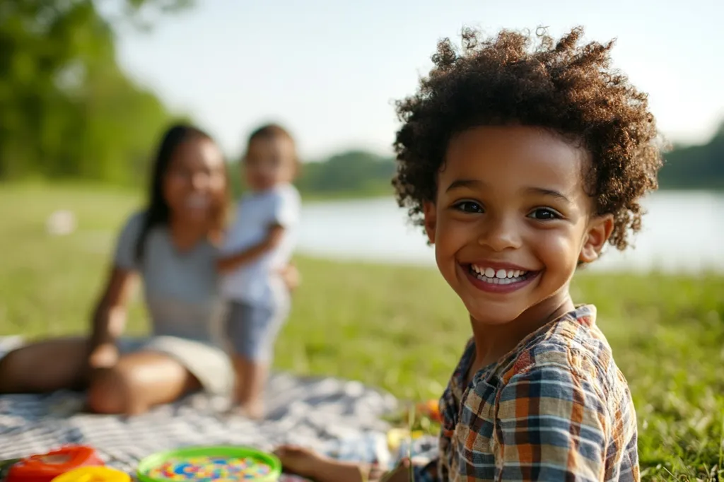A young boy with curly brown hair smiles brightly at the camera. He is wearing a plaid shirt and sitting on a checkered blanket in a grassy area.  In the background, two adults and a child are sitting together, but they are blurred and out of focus. The boy's smile is full of joy and warmth, and the image captures a moment of happiness and carefree fun.