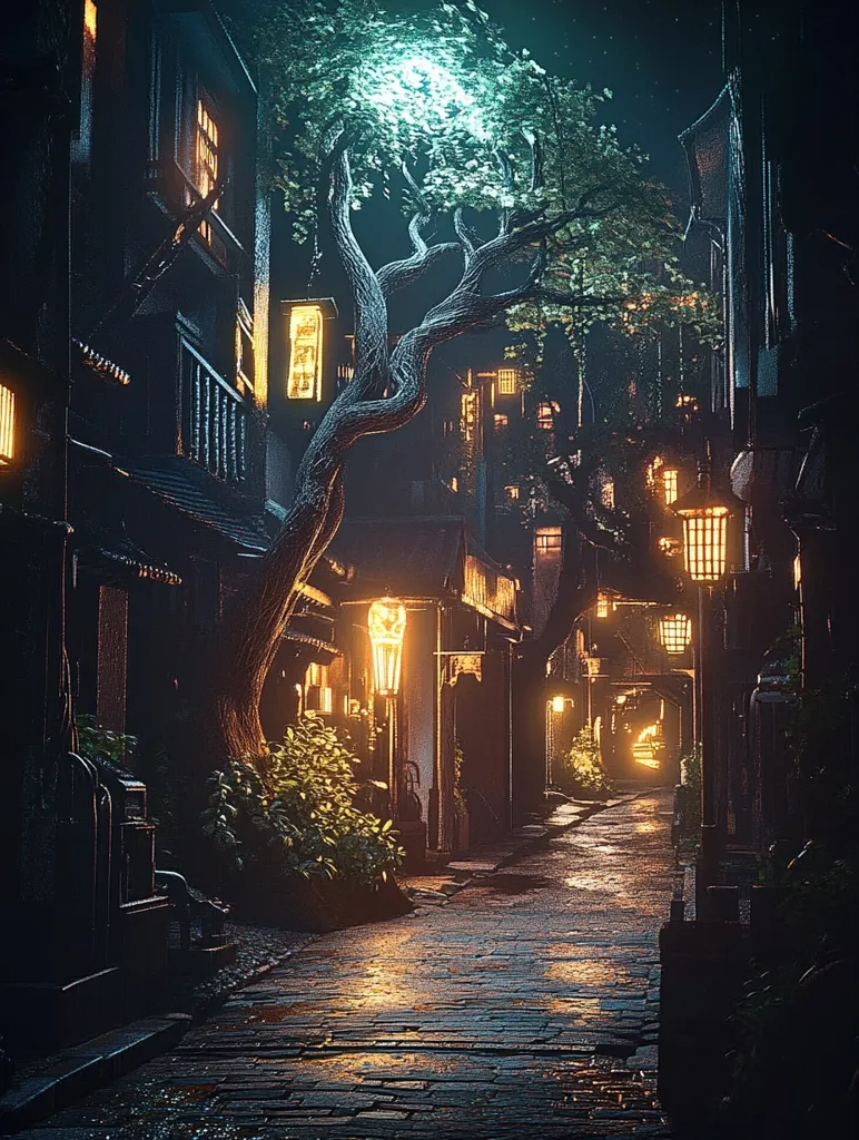A narrow, cobblestone street winds through a dark, mysterious town, lit by flickering lanterns. A large tree casts its shadow over the buildings, which are adorned with intricate wooden architecture. The air is thick with mist, creating an atmosphere of mystery and intrigue.