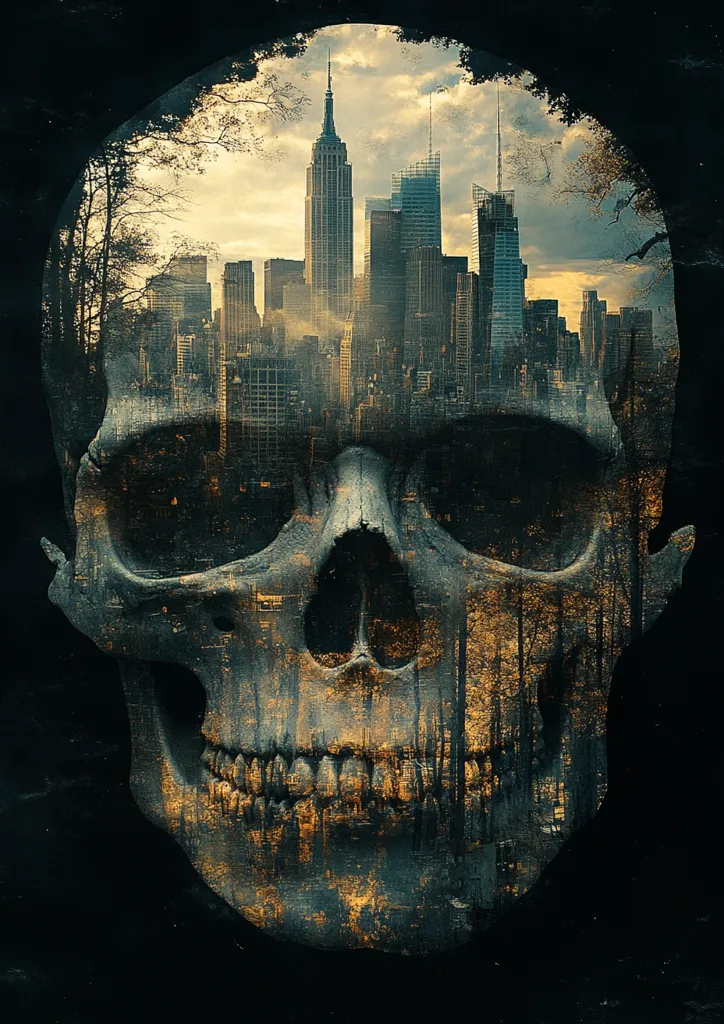 A human skull, with a cityscape layered over the top half, creating the effect of the city being inside the skull. The city is a dense urban area, with tall buildings and a cloudy sky. The skull is rendered in a realistic style, with a detailed bony texture. The overall tone of the image is dark and foreboding.