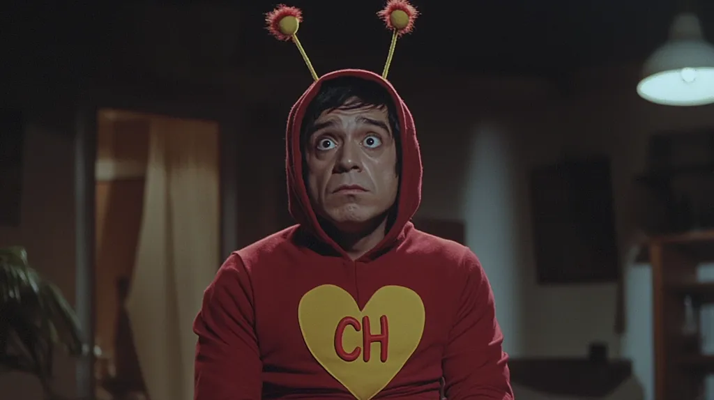 A man wearing a red hoodie with a yellow heart with "CH" on it and yellow antennae is looking up with a concerned expression. He is in a dimly lit room with a lamp in the background.  He appears to be dressed up in a costume. The image evokes a sense of playfulness and a touch of whimsy.