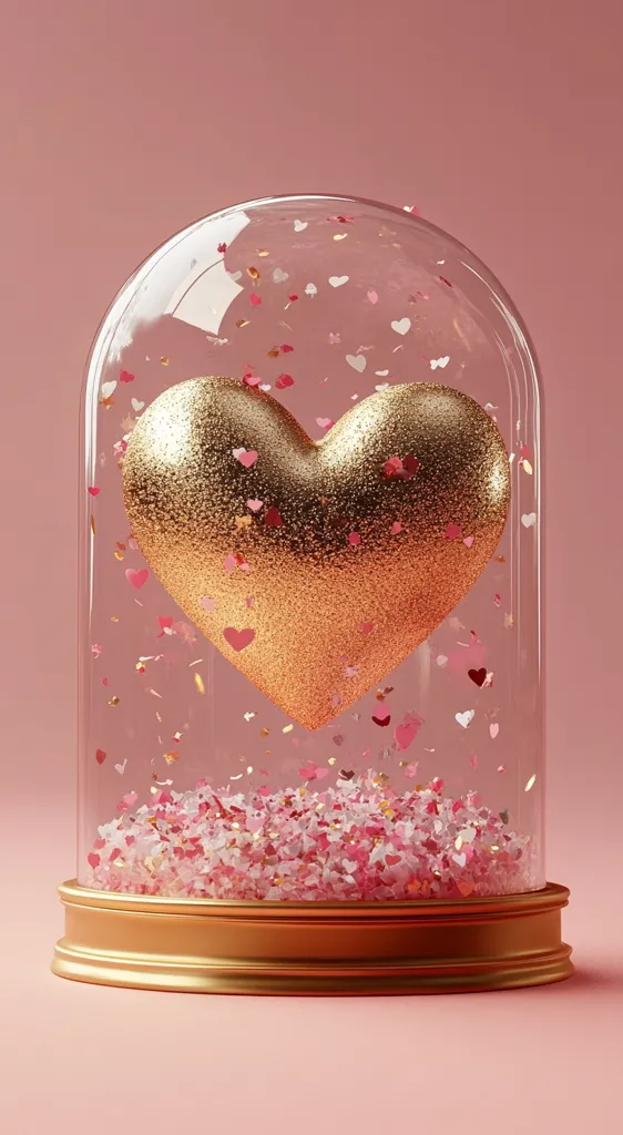 A gold heart sits nestled within a glass dome. The dome is filled with pink and white glitter, resembling a snow globe. The base is a shiny gold. The whole scene sits against a soft pink background, creating a romantic and whimsical atmosphere.