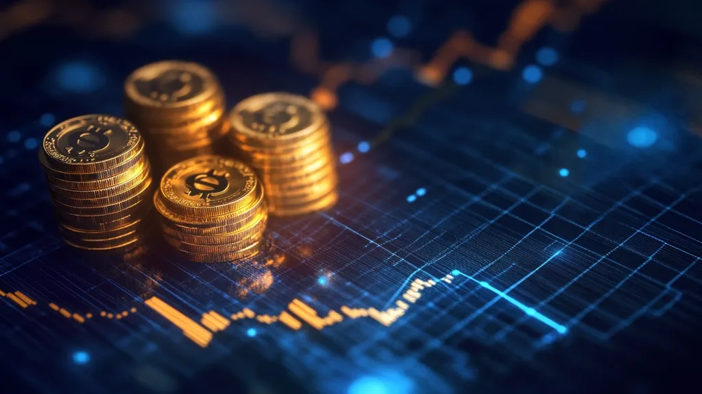 Four stacks of gold coins sit on a blue and orange digital grid background. The coins have a symbol resembling a dollar sign. The image evokes a sense of wealth and digital currency. The dark background and illuminated coins create a striking contrast.