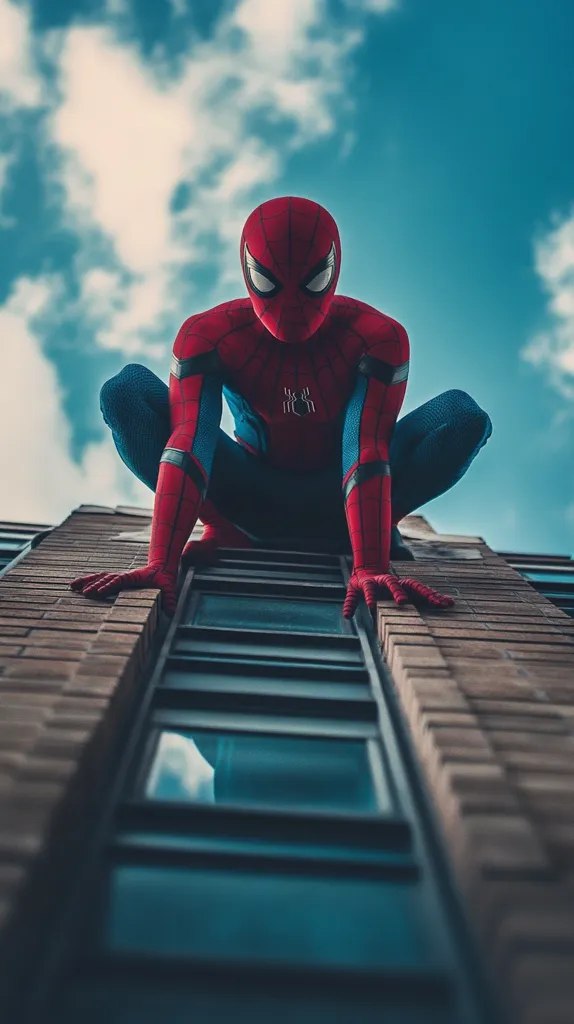 Spider-Man, dressed in his iconic red and blue suit, sits perched on a ledge of a brick building. He gazes downwards, his masked face serious. The bright blue sky is reflected in a window behind him, creating a striking contrast with the red brick. The image captures the superhero's sense of power and responsibility.