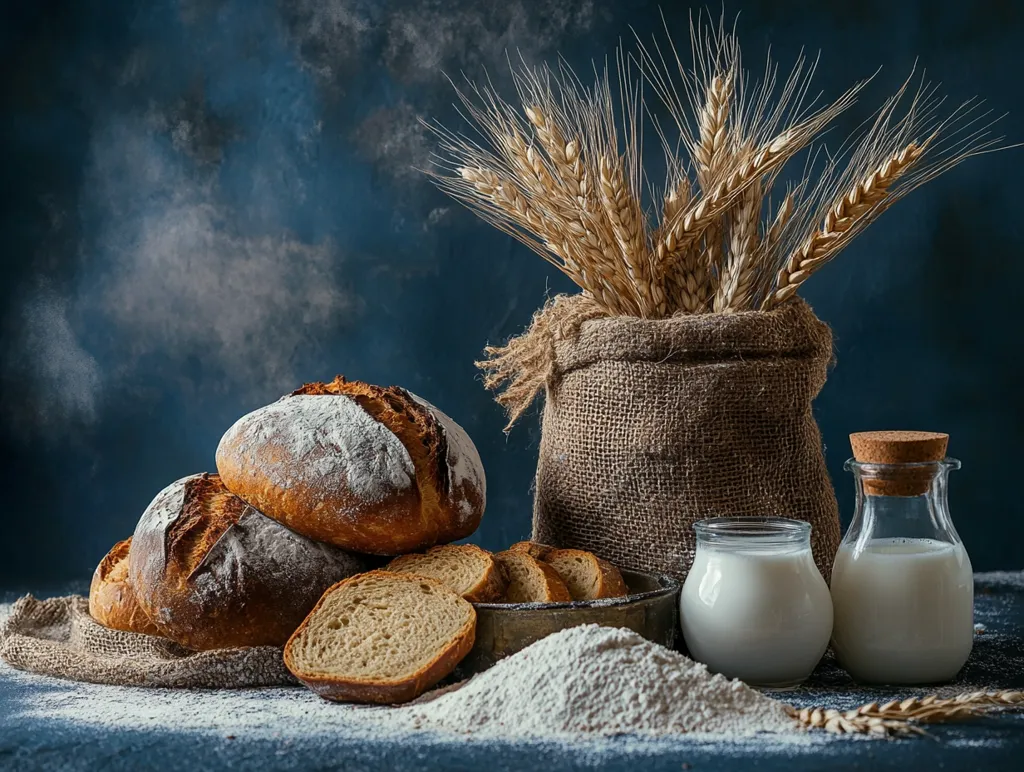 A rustic still life with freshly baked bread, wheat stalks in a burlap sack, and two glass bottles of milk. The backdrop is a dark blue wall, creating a moody and atmospheric feel. The scene is sprinkled with flour, adding a touch of culinary magic. The image evokes a sense of simplicity, wholesomeness, and the joy of homemade baking.