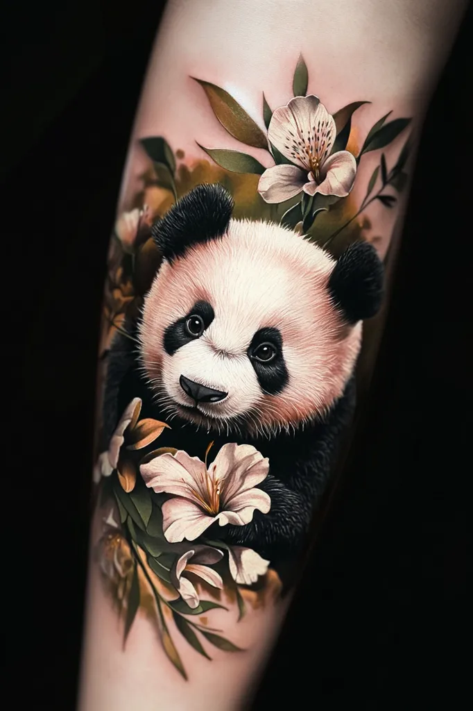 A realistic tattoo of a panda bear surrounded by white flowers and green leaves. The panda's black eyes and cute nose are visible, while its fur is detailed and fluffy. The tattoo is on the lower arm of the person, and the image is captured against a dark background.  The tattoo appears to be a high-quality piece of artwork.