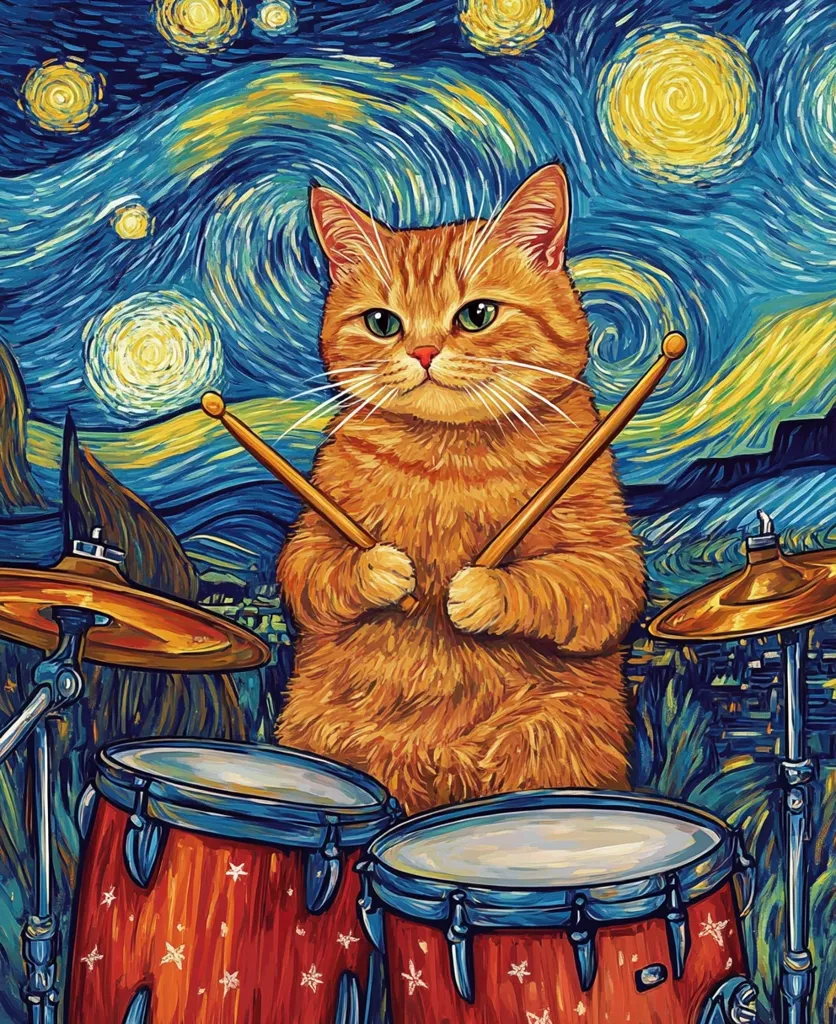 A ginger cat, with a serious expression, plays the drums in front of a starry night sky. The background is a vibrant blue and yellow, resembling Vincent van Gogh's famous "Starry Night" painting. The cat is holding drumsticks, and two drums are visible in the foreground, one red with white stars and the other with a shiny finish. The image is painted in a playful, cartoon style.