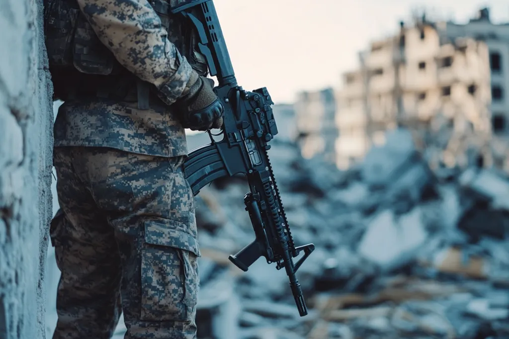 A soldier in camouflage fatigues stands with a black rifle in a war-torn city. The soldier's face is not visible, but their hand can be seen gripping the rifle. The background is a blurry image of rubble and destroyed buildings, hinting at the devastation of war. The overall atmosphere is one of tension and uncertainty.